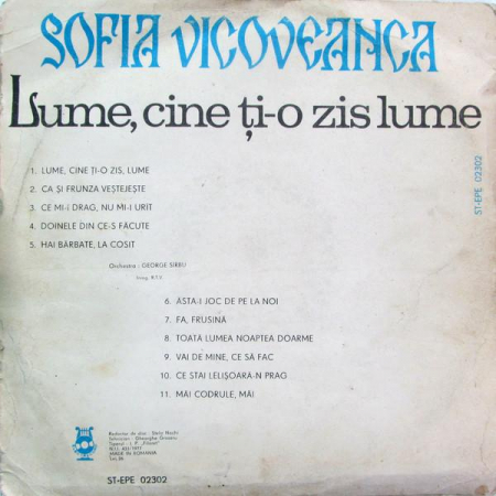 Sofia Vicoveanca - Lume, Cine Ți-o Zis Lume, (Disc Vinil) [1]