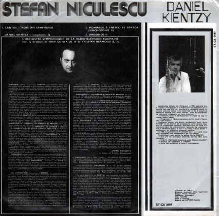 Stefan Niculescu* - Daniel Kientzy Saxophones, L'Orchestre de la Radiotelevision Roumaine* direction Iosif Conta et Cristian Brancusi* – Cantos / Unisonos II / Hommage A Enesco Et Bartok (VINIL) [1]