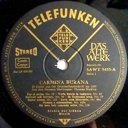 Studio Der Frühen Musik - Carmina Burana (Aus Der Original-Handschrift Um 1300) (Disc Vinil) [1]
