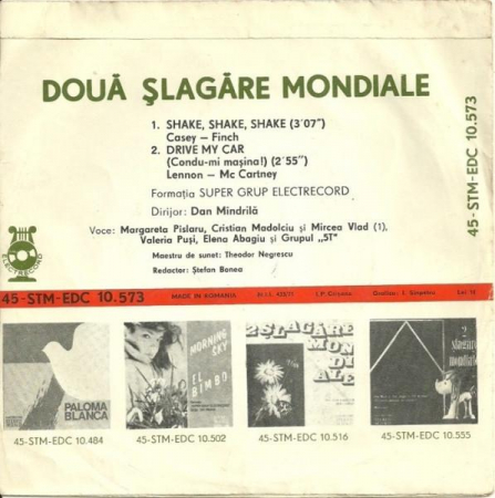 Super Grup Electrecord - 2 Șlagăre Mondiale : Shake, Shake, Shake / Drive My Car (7 Inch), (Disc Vinil) [1]