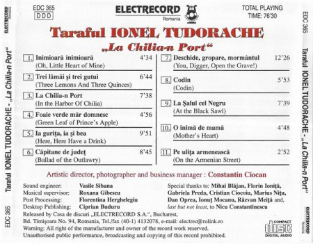 Taraful Ionel Tudorache - „La Chilia-n Port” (Vechi Cântece Lăutărești), (CD) [1]