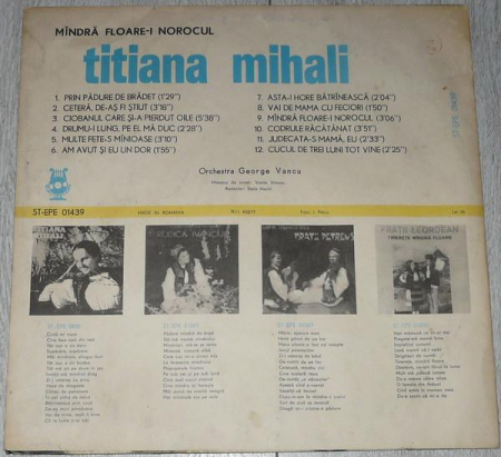 Titiana Mihali - Mîndră Floare-i Norocul, (Disc Vinil) [1]