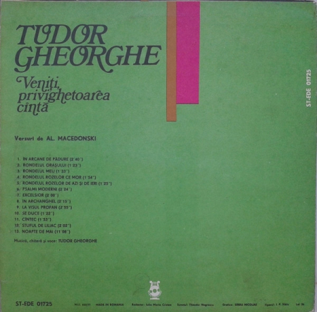 Tudor Gheorghe Versuri De Al. Macedonski* – Veniți, Privighetoarea Cîntă, (Disc Vinil) [1]