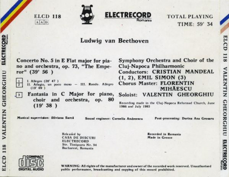 Valentin Gheorghiu - Beethoven Concerto No. 5 In E Flat Major "Emperor" / Fantasia In C Major, (CD) [1]