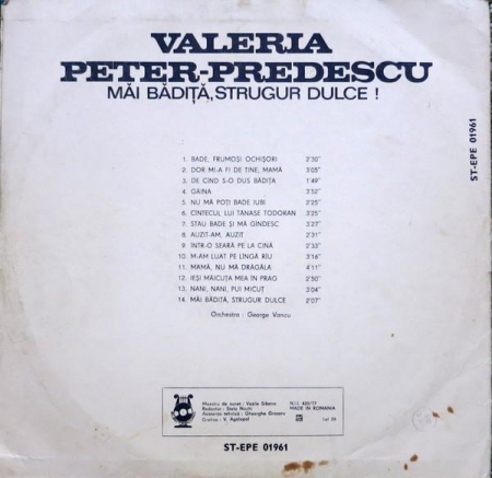 Valeria Peter Predescu - Măi Bădiță, Strugur Dulce!, (Disc Vinil) [1]