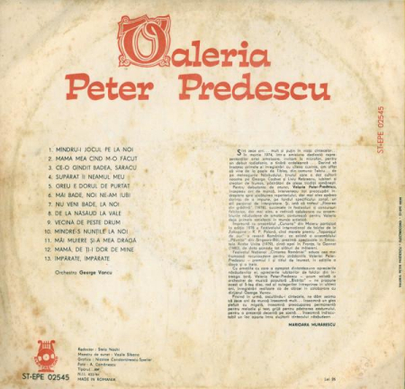 Valeria Peter Predescu - Mîndru-i Jocul Pe La Noi	 (Disc Vinil) [1]