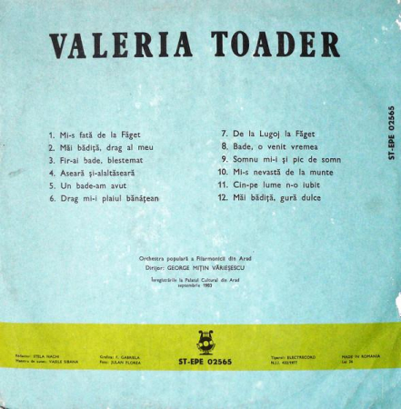 Valeria Toader - Mi-s Fată De La Făget, (Disc Vinil) [1]