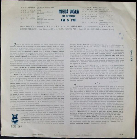Various - Recital De Muzică Vocală Din Secolele XVII-XVIII, (Disc Vinil) [1]