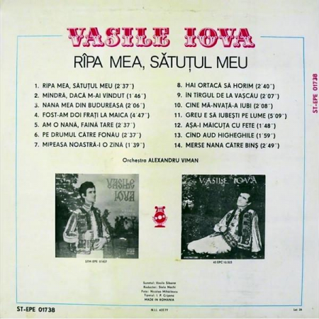 Vasile Iova - Rîpa Mea, Sătuțul Meu, (Disc Vinil) [1]
