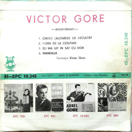Victor Gore - Cîntec Lăutăresc De Ascultat / Hora De La Ciolpani / Eu Mă Uit În Sat Cu Dor / Maneaua (Disc Vinil) [1]