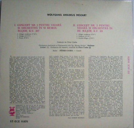Wolfgang Amadeus Mozart - Concert Nr. 1 În Si Bemol Major, K. V. 207 / Concert Nr. 2 În Re Major, K. V. 211 Pentru Vioară Și Orchestră, (Disc Vinil) [1]