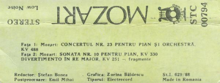 Wolfgang Amadeus Mozart - Concert Nr. 23 Pentru Pian Și Orchestră, Kv 488 / Sonata Nr. 10 Pentru Pian, Kv 330 / Divertisment În Re Major, Kv 251 (Fragmente) (Caseta Audio) [1]