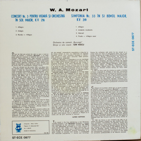Wolfgang Amadeus Mozart - Concert Nr. 3 Pentru Vioară Și Orchestră / Simfonia Nr. 33 În Si Bemol Major, (Disc Vinil) [1]