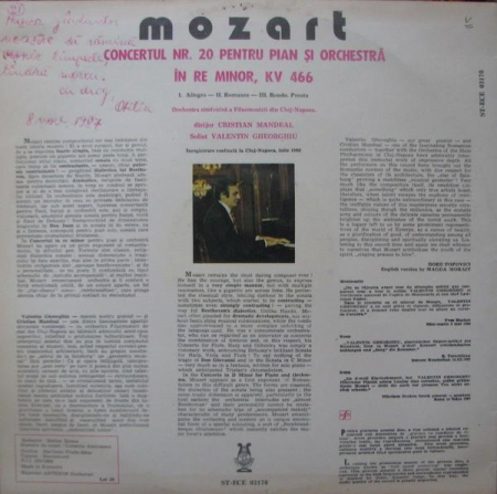 Wolfgang Amadeus Mozart - Concerto No.20 For Piano And Orchestra In D Minor KV 466 = Concertul Nr. 20 Pentru Pian Și Orchestră În Re Minor, KV 466, (Disc Vinil) [1]