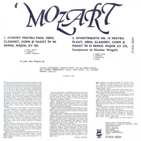 Wolfgang Amadeus Mozart - Quintet For Piano And Winds - Divertimento No. 14 For Wind Quintet, (Disc Vinil) [1]