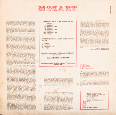 Wolfgang Amadeus Mozart - Serenade No.1 In D Major, KV 100 / Divertimento No.1 In E Flat Major, KV 113, (Disc Vinil) [1]