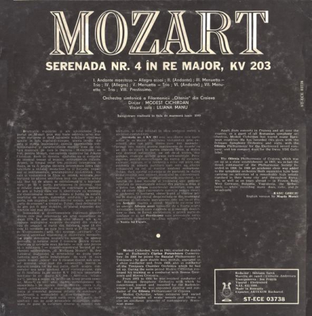 Wolfgang Amadeus Mozart - Serenade No.4 In D Major, KV 203, (Disc Vinil) [1]