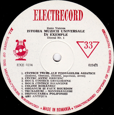 Zeno Vancea - Istoria Muzicii Universale În Exemple - Discul Nr. 1 (Din Antichitate Pînă La Sfîrşitul Secolului Al XVI-lea), (Disc Vinil) [1]