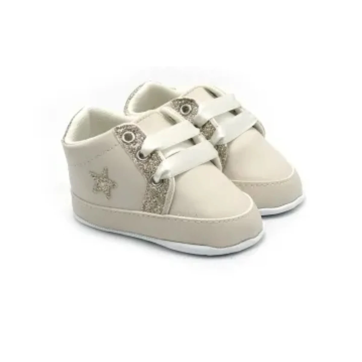 Pantofi Newborn Star Crem cu Detalii Aurii ,   Marime 16