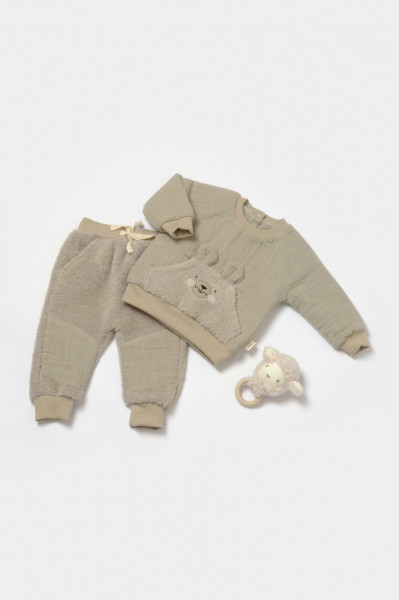 Set bluza cu buzunar si pantaloni Ursulet, Winter muselin, 100% bumbac dublat - Verde, BabyCosy, 6-9 luni