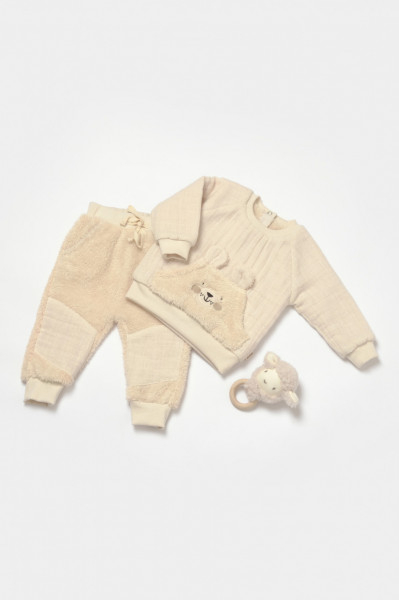 Set bluza cu buzunar si pantaloni Ursulet, Winter muselin, 100% bumbac dublat - Stone, BabyCosy, 12-18 luni