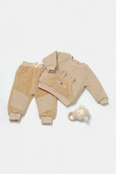 Set bluza cu buzunar si pantaloni Ursulet, Winter muselin, 100% bumbac dublat - Apricot, BabyCosy, 6-9 luni