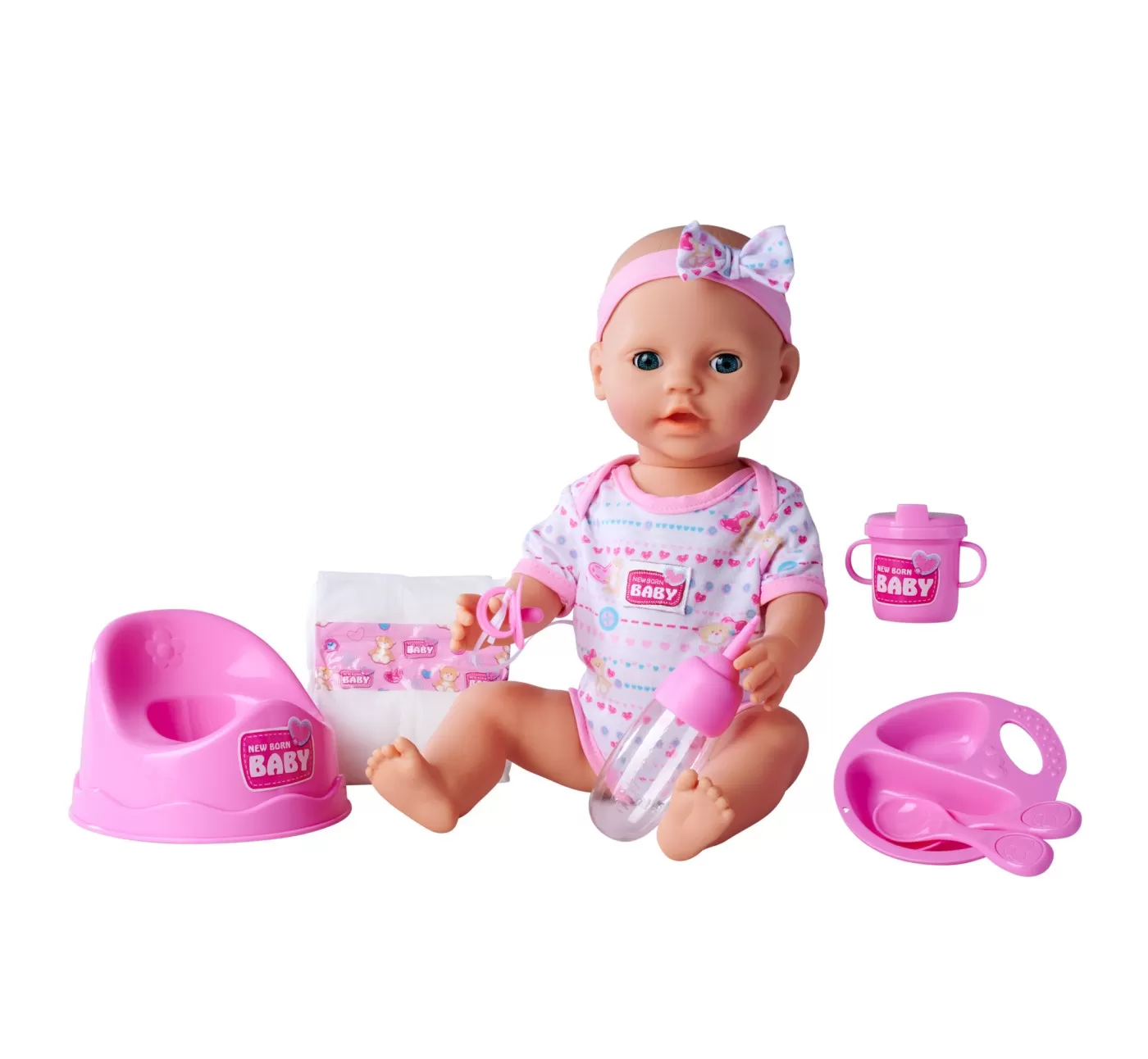 Set New Born Baby Roz - Papusa Interactiva cu Accesorii, 43 cm