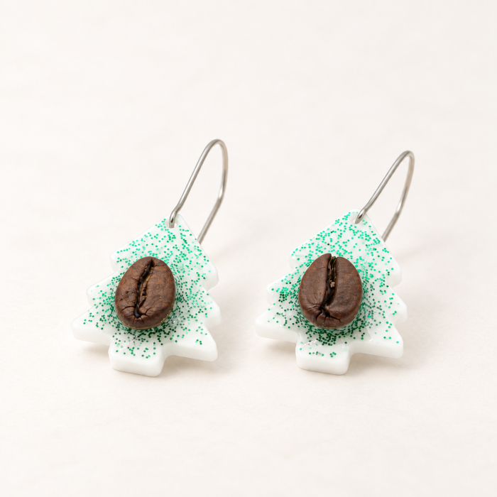 Cercei in forma de brad decorat cu bob de cafea si glitter verde [5]