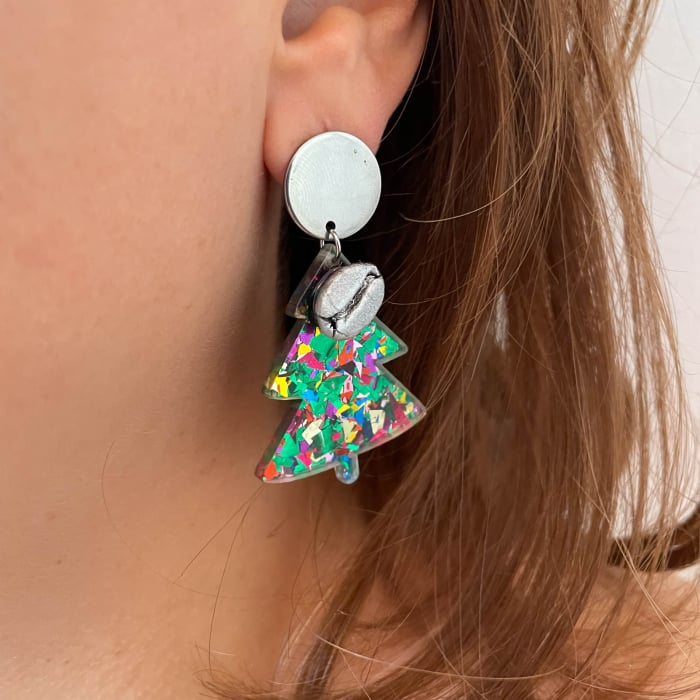 Cercei "Rainbrew"  cu un brăduț multicolor decorat cu bob de cafea argintiu [8]