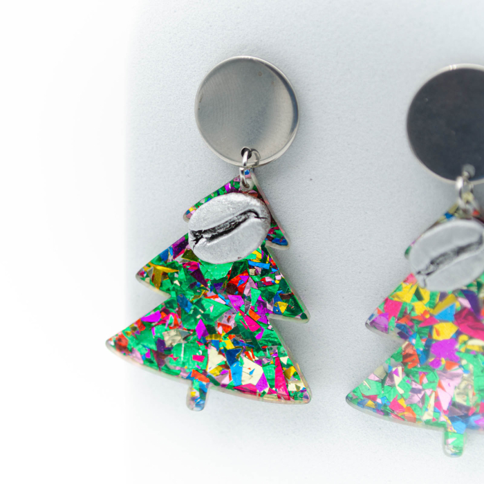 Cercei "Rainbrew"  cu un brăduț multicolor decorat cu bob de cafea argintiu [3]