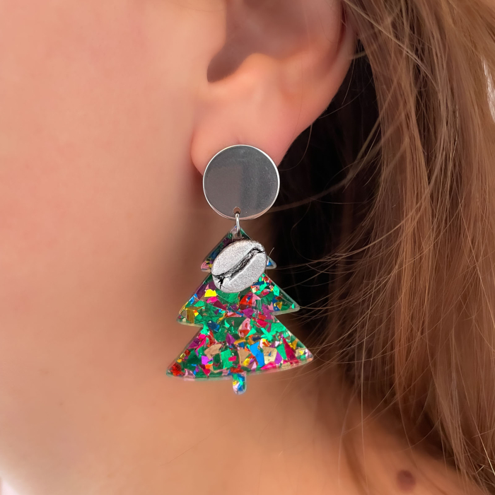 Cercei "Rainbrew"  cu un brăduț multicolor decorat cu bob de cafea argintiu [7]