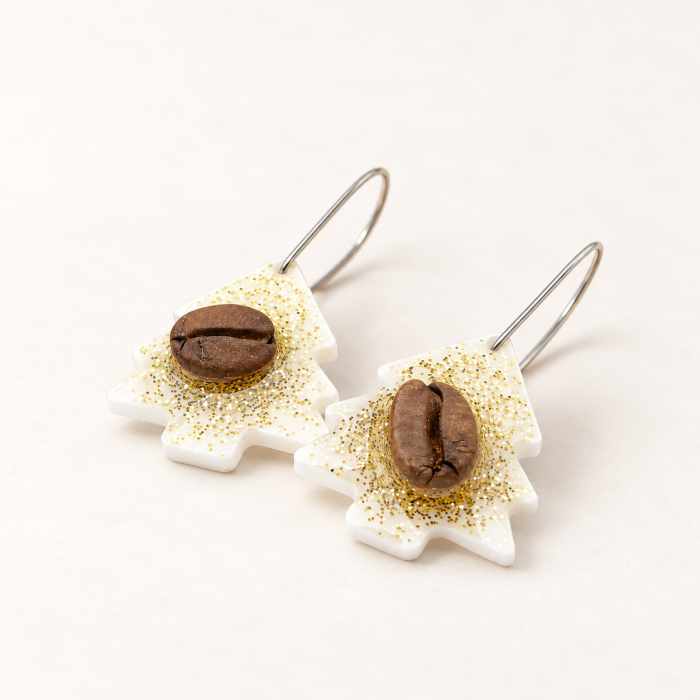 Cercei in forma de brad decorat cu bob de cafea si glitter galben [7]