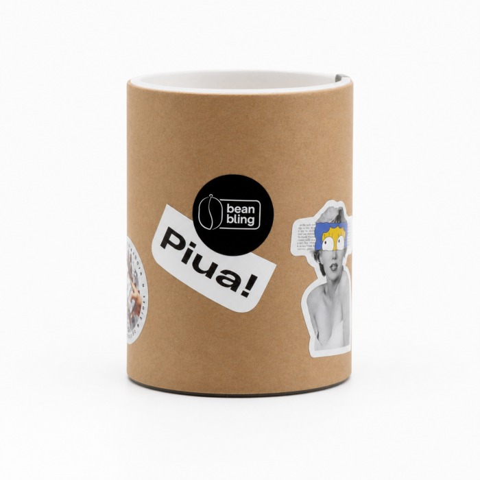 Pachet cadou „piua” cu cană ceramică mată, broșă pin și stikere UV BeanBling [14]