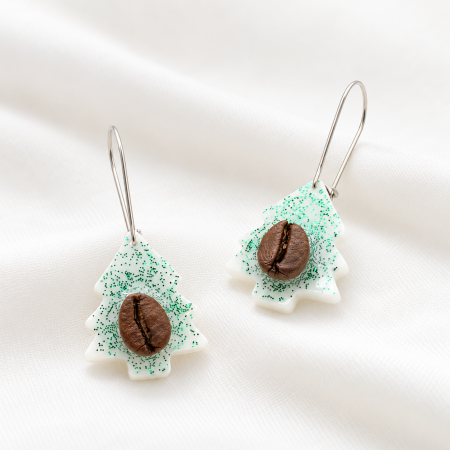 Cercei in forma de brad decorat cu bob de cafea si glitter verde [2]