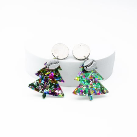 CADOURI DE CRACIUN - Cercei "Rainbrew"  cu un brăduț multicolor decorat cu bob de cafea argintiu