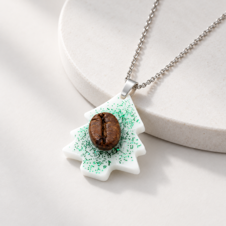 Bijuterii cu tematică de Crăciun - Colier de Craciun cu brad decorat cu glitter verde si bob de cafea