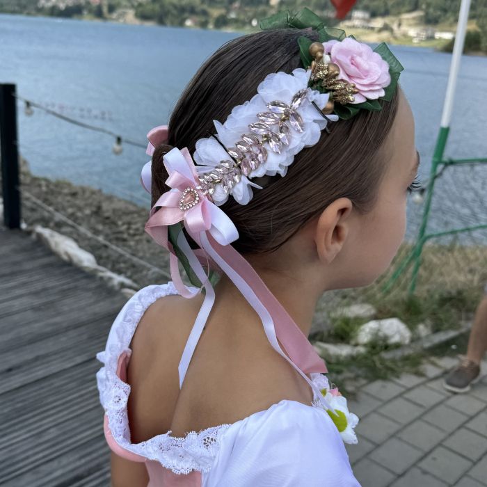 2 piece - Flower Pro Headpiece - pink, green, white - La Fille Mal Gardee [4]
