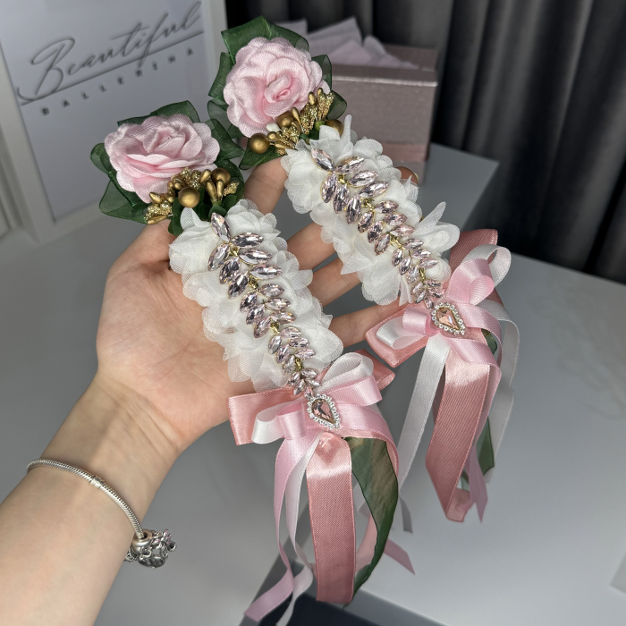 2 piece - Flower Pro Headpiece - pink, green, white - La Fille Mal Gardee [2]