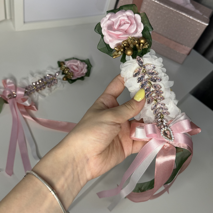 2 piece - Flower Pro Headpiece - pink, green, white - La Fille Mal Gardee [8]