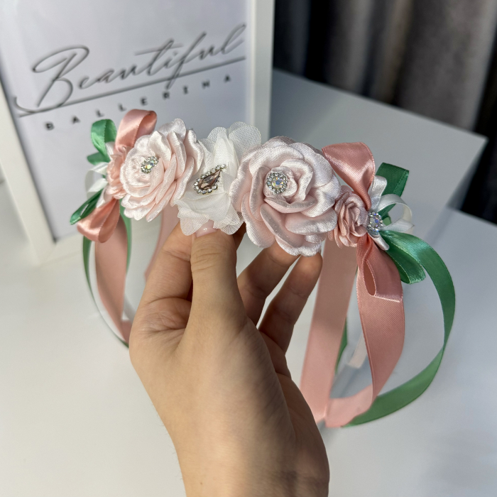 Flowers pro Headpiece - pink , white , green. Acesoriu profesional flori pentru coc de balerine [3]