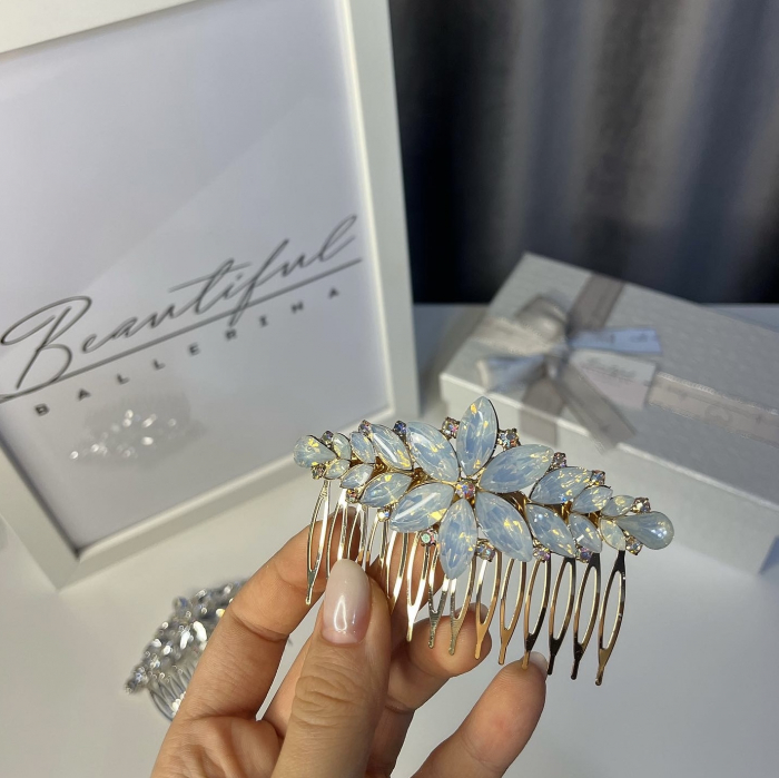 Accesoriu - pieptene cu cristale strălucitoare - floare - alb-sidefat [2]