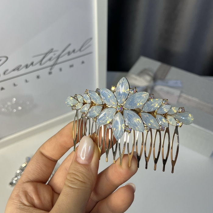 Accesoriu - pieptene cu cristale strălucitoare - floare - alb-sidefat [3]