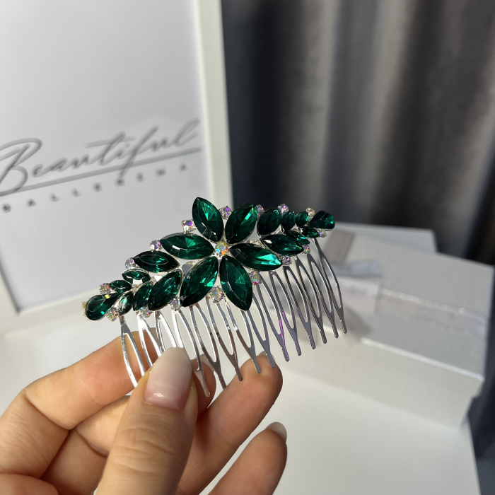 Accesoriu - pieptene cu cristale strălucitoare - floare - verde [2]