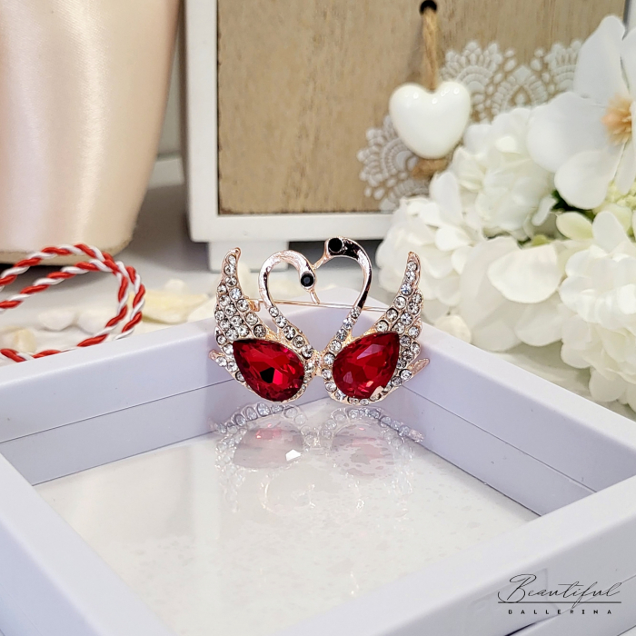 Brosa Martisor - format din doua lebede cu pietricele albe si colorate [2]