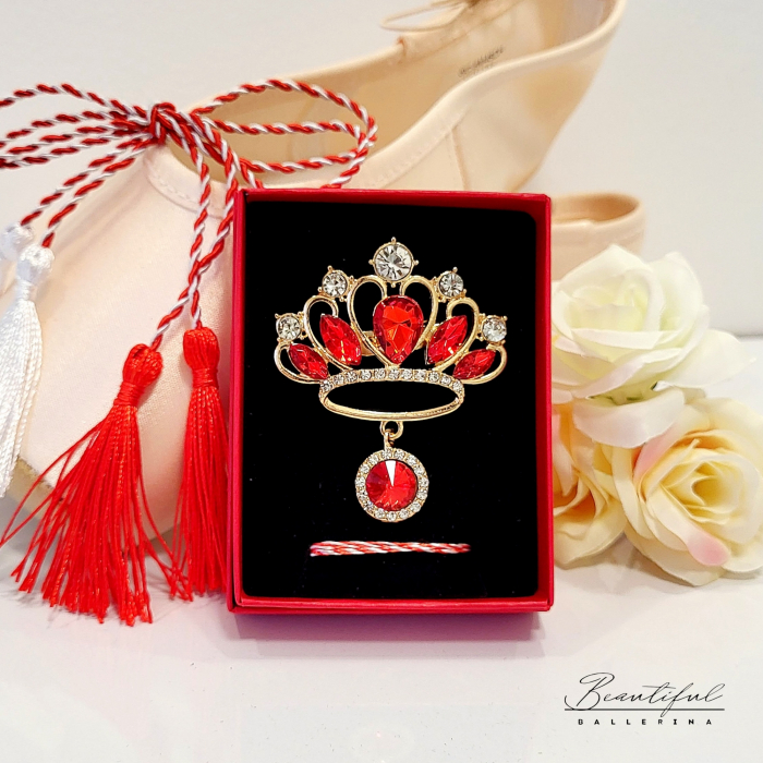 Brosa Martisor - in forma de coroana cu pietre albe si rosii. [1]
