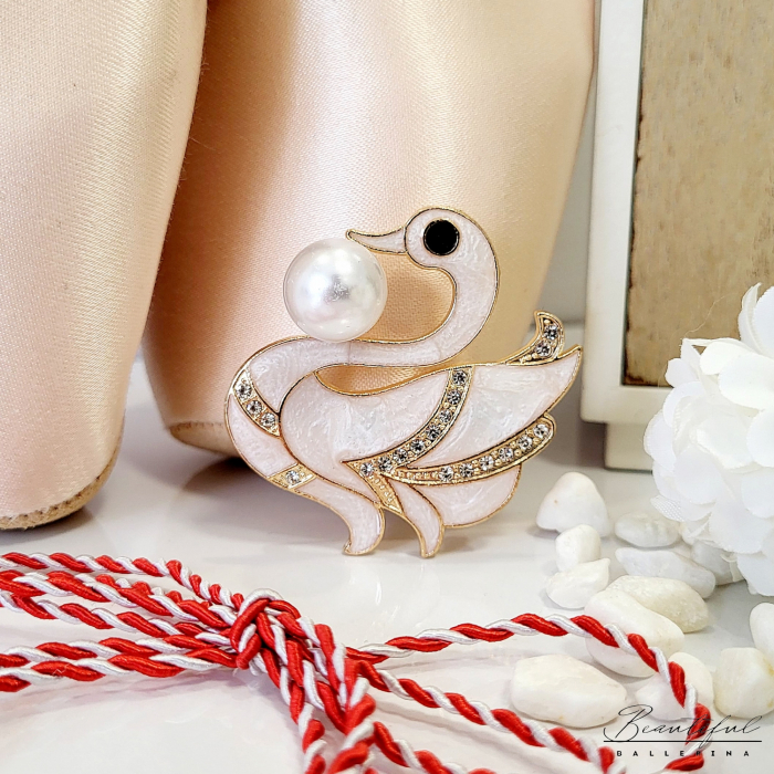 Brosa Martisor - mare, in forma de lebada cu perla [2]