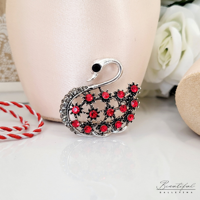 Brosa Martisor - lebada mare cu pietre rosii [2]