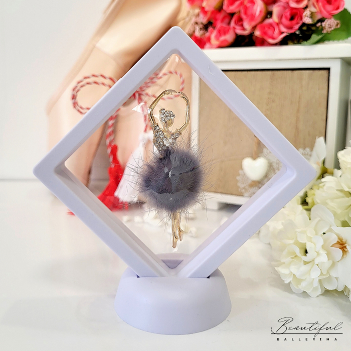 Brosa Martisor - mare - in forma de balerina cu pietre albe si puf gri [2]