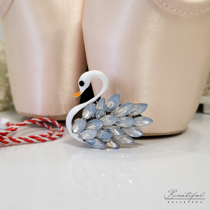 Brosa Martisor, mare - in forma de lebada alba cu pietre alb natur [2]