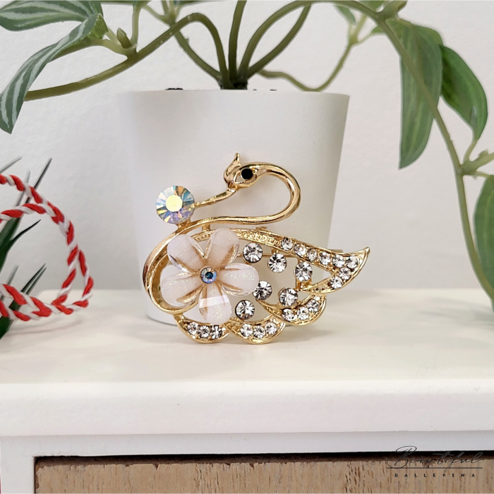 Brosa Martisor, mare - in forma de lebada cu pietre albe, multicolor si alb/crem [3]